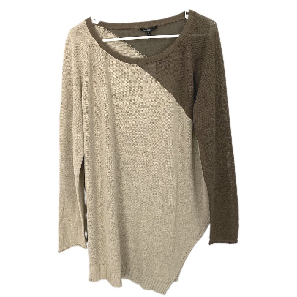 Lafayette 148 New York Sweater Tunic Women XL Beige Colorblock Knit Asym Hem NWT
